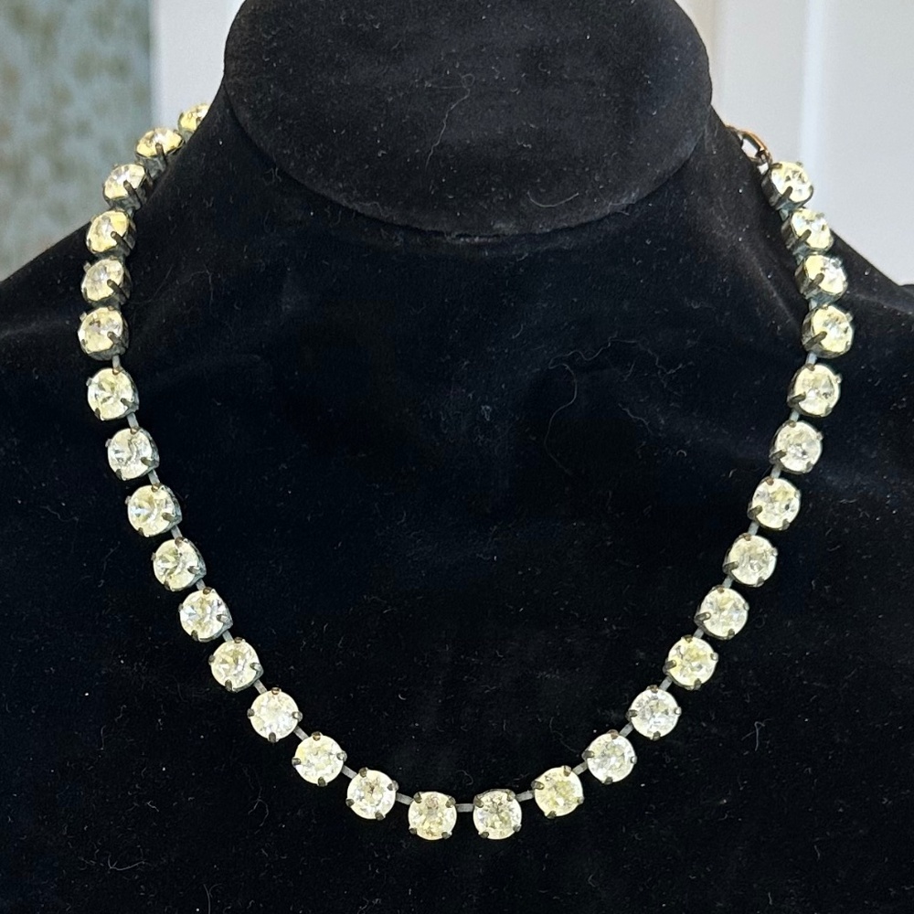 TOVA Vintage Inspired Crystal Necklace w/ Yellow Patina Wash in Brass